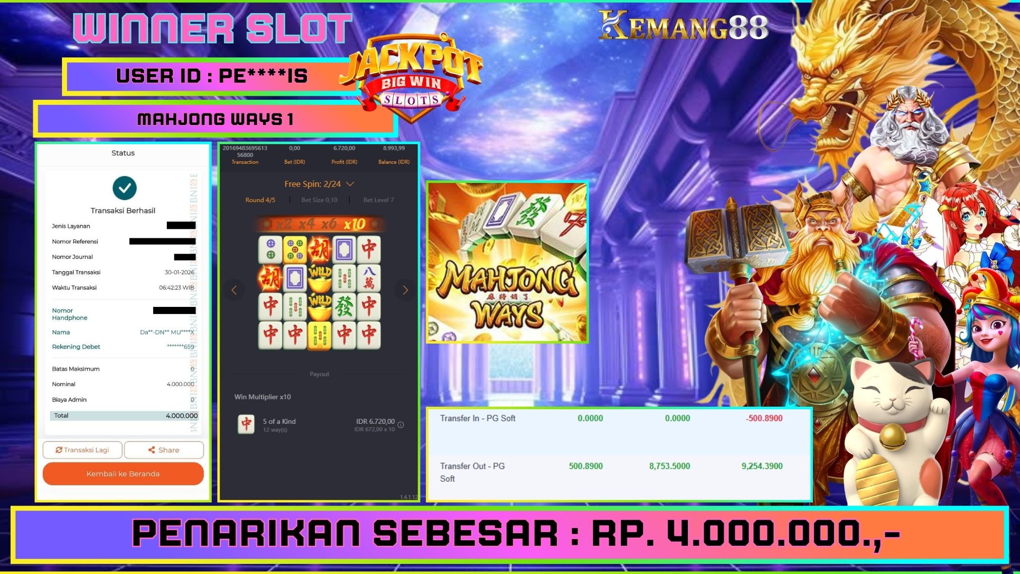 KEMANG88 [30 Januari 2026] : JACKPOT SLOT : MAHJONG WAYS 1 [PG] Rp. 4.000.000.,- LUNAS [1]